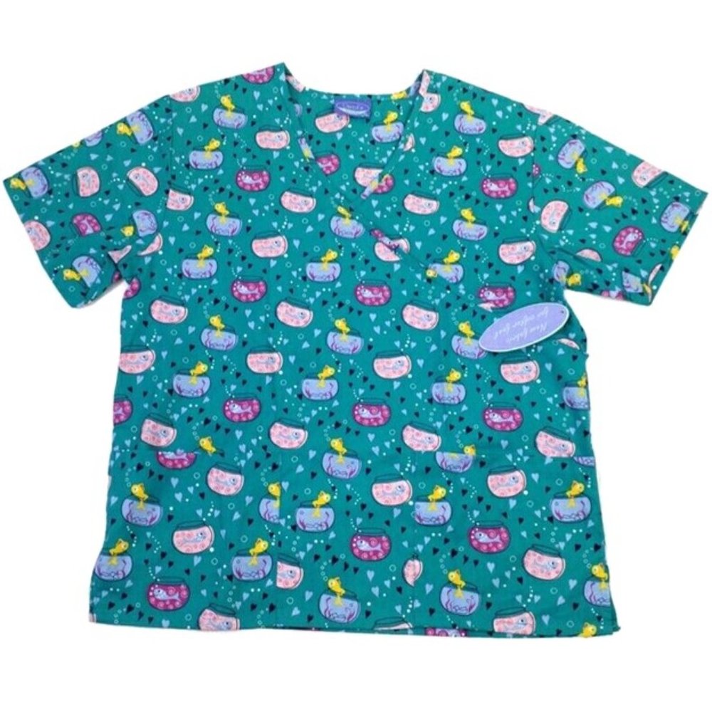 Carols Scrubs Green Multicolor Fishbowl Print Short Sleeve Scrub Top Womens M